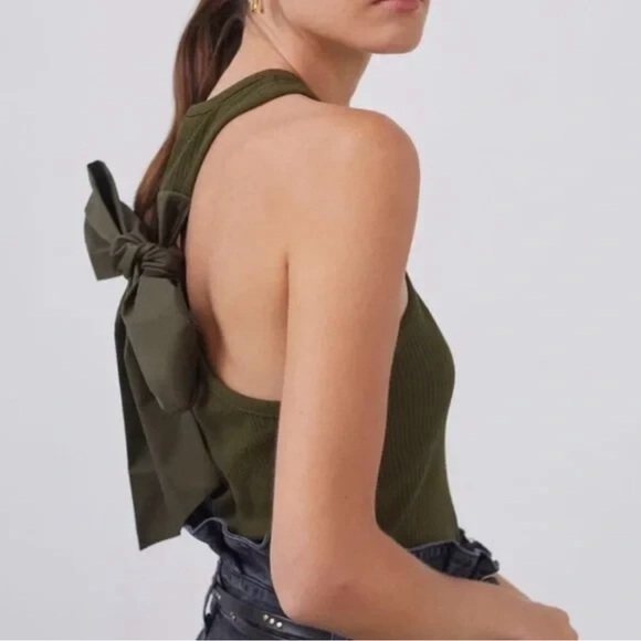 Ribbed Tank Anthropologie Sunday In Brooklyn Racer-back Bow Size S Olive - Picture 2 of 7
